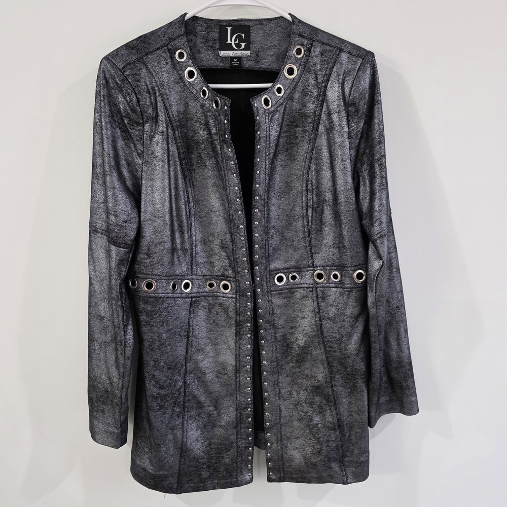 Lena Gabrielle Womens Jacket Size 12 Metallic‎ Silver Eyelet Gun Metal Gromets